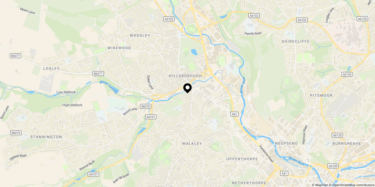 Approximate location of Rudyard Mews, Hillsborough, S6 2LZ