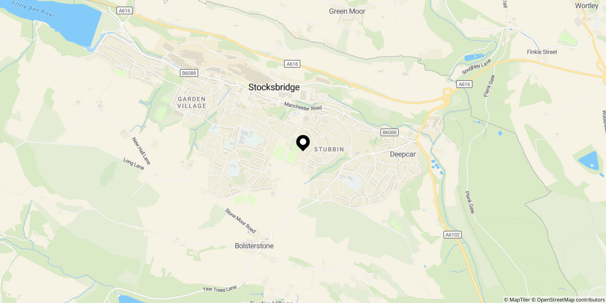 Approximate location of Broomfield Court, Stocksbridge, Sheffield, S36 2BQ